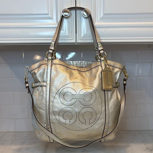 Coach Bag Purse Handbag Leather Audrey Metallic Perforated Convertible Lg Tote - Picture 1 of 16